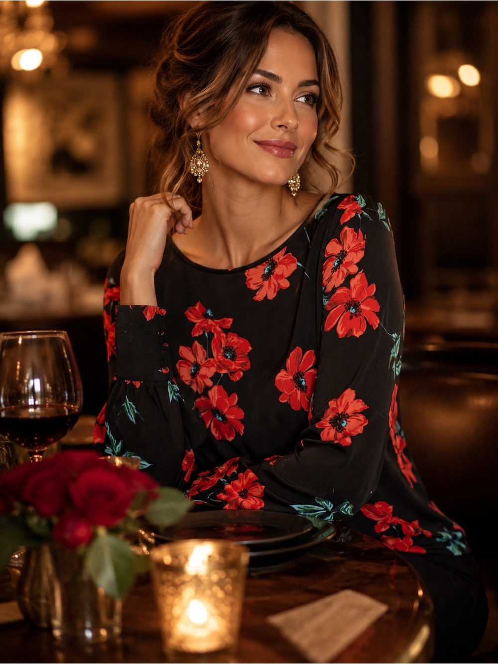 Express Black Red Floral Button Sleeve Blouse Top Medium Elegant Career Holiday